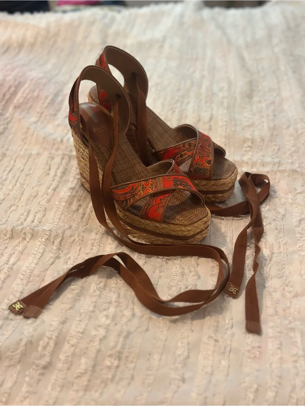 Sam Edelman Brown Ankle-Tie Wedge Sandals with Red Patterned Straps